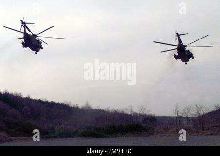 Zwei Helikopter des US Marine Corps (USMC) CH-53D Sea Hallion vom Heavy Marine Helicopter Squadron 463 (HMH-463), der während des koreanischen Inkrementellen Trainingsprogramms (KITP) im Camp Mu juk, Korea im Einsatz ist. KITP ist eine gemeinsame Übung mit US-Marines und den ROK-Marines. (Unterdurchschnittliches Bild). Basis: Camp Mu juk Land: Republik Korea (KOR) Stockfoto