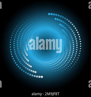 Ein blau-weißer Kreis gepunkteter Halbtöne mit einem Schein auf schwarzem Hintergrund. Stock Vektor