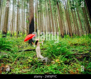 Frau im Wald mit Regenschirm, Columbia River Gorge, Oregon, USA Stockfoto