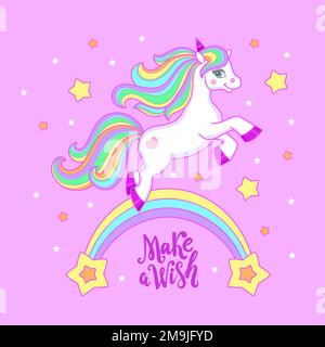 Wünsch dir was. Weißes Einhorn auf dem Regenbogen. Das Thema von Magie und Zauberei. Für das Design von Drucken, Postern, Aufklebern, Karten usw. für Kinder. Vektor Stock Vektor