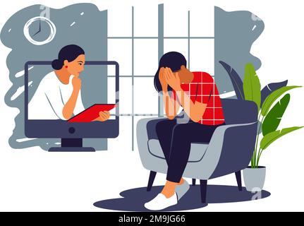 Psychologie-Job online. Depressionen und Angst bei der Beratung. Zwei Frauen sitzen online und reden. Psychisches Gesundheitskonzept. Vektordarstellung. Stock Vektor
