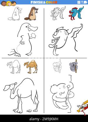 Cartoon-Darstellung des Zeichnens und Ausmalen eines Lernblatts mit lustigen Tiercharakteren Stock Vektor