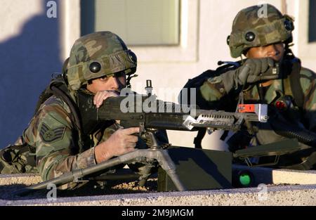 030116-F-1789V-004. [Complete] Szene Caption: US Air Force (USAF) STAFF Sergeant (SSGT) Michael Morales zielt mit seinem Saco 7,62mm M60-Mehrzweckmaschinengewehr auf Eindringlinge, die versuchen, das Vordertor zu betreten. USAF Technical Sergeant (TSGT) Mary Long, bittet um Unterstützung während einer Silver Flag Alpha Trainingsübung am Indian Springs Air Force Auxiliary Air Field, Nevada (NV). Beide sind mit dem 116. Sicherheitsgeschwader (SFS), der Air National Guard (ANG), dem Luftwaffenstützpunkt Robins (AFB) und Georgia (GA) zusammen und tragen als Teil des Traini mehrere integrierte Laser-Einsatzsysteme (MEILEN) Stockfoto