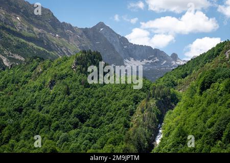 Teilblick auf einen Wasserfall in den Pyrenäen Stockfoto
