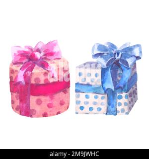 Set aus Geschenkboxen in Aquarell, Pink und Blau. Aquarelldarstellung, isoliert auf Weiß. Perfekt für Karten, Einladungen, Babypartys, Anhänger, Ausdrucke. Stockfoto