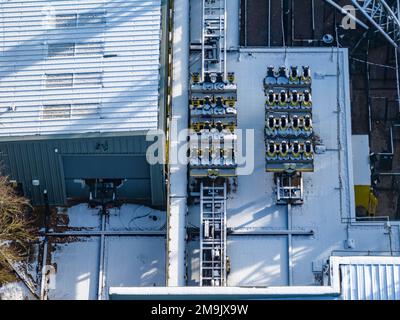 Schneebedeckte Alton Towers Luftdrohne Beautify Fotos Vom Freizeitpark Stockfoto