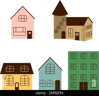 Ikonenset isolierter ländlicher Häuser, die von Hand in flachem Stil gemalt werden Stock Vektor