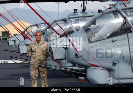 US Marine Corps (USMC) Lance Corporal (LCPL) Greg Rivera, dem Marine Light Attack Helicopter Squadron 169 (HMLA-169) zugeteilt, steht vor einer Reihe von USMC AH-1W Super Cobra Helicopters, die auf der Fluglinie auf dem Luftwaffenstützpunkt März (ARB), Kalifornien, während der Operation DAUERHAFTE FREIHEIT geparkt sind. (Unterdurchschnittliches Bild). Betreff Betrieb/Serie: DAUERFREIHEITSBASIS: März Luftrettenstützpunkt Bundesstaat: Kalifornien (CA) Land: Vereinigte Staaten von Amerika (USA) Stockfoto