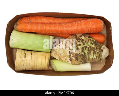 Topansicht von Suppengemüse in Pappschüssel, Selleriebohnen, Karotten, Lauch und Pastinaken isoliert auf weißem Hintergrund Stockfoto