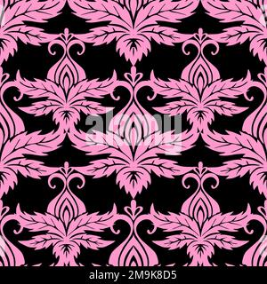 Nahtlos symmetrisches Muster abstrakter rosafarbener Pflanzenelemente auf schwarzem Hintergrund, Textur, Design Stockfoto