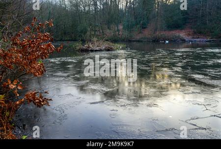 Einer der Keston-Teiche am Keston Common in der Nähe des Dorfes Keston in Kent, Großbritannien. Eine kalte Winterszene mit Eis auf der Oberfläche des Teichs. Stockfoto