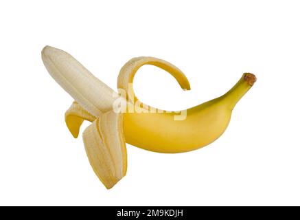 Halb geschälte Banane isoliert auf weißem Hintergrund Stockfoto