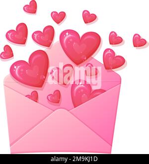 Liebesbrief. Offener Umschlag mit vielen Herzen. Vanentinstag, romantisches Beichtkonzept. Stock Vektor