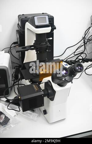 Labormikroskop. Ein Mikroskop in einem biologischen Labor. Stockfoto