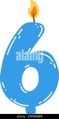 Kerze Nummer sechs im flachen Stil. Handgezeichnete Vektordarstellung einer brennenden Kerze mit 6 Symbolen, Designelement für Geburtstagskuchen. Stock Vektor