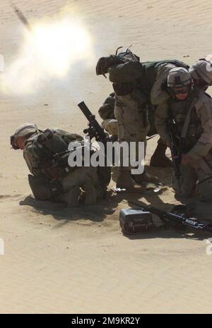 MITARBEITER DES US Marine Corps (USMC), die der L/Company, dem 3. Bataillon, dem 2. Marine Regiment zugewiesen sind, feuern während einer Feuerübung im Camp Coyote, Kuwait, während der Operation DAUERHAFTE FREIHEIT einen 60mm M224 kg leichten Mörser ab. Betreff Operation/Serie: DAUERHAFTE FREIHEITSBASIS: Camp Coyote Country: Kuwait (KWT) Stockfoto