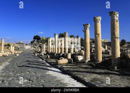 Blick über die Ruinen der Decumanus Maximus Straße, Umm Qais Stadt, Jordanien, Naher Osten Stockfoto