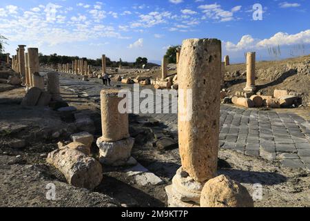 Blick über die Ruinen der Decumanus Maximus Straße, Umm Qais Stadt, Jordanien, Naher Osten Stockfoto