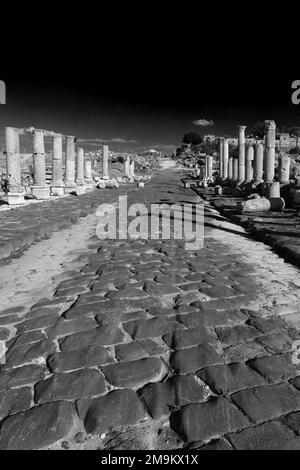 Blick über die Ruinen der Decumanus Maximus Straße, Umm Qais Stadt, Jordanien, Naher Osten Stockfoto