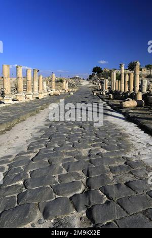 Blick über die Ruinen der Decumanus Maximus Straße, Umm Qais Stadt, Jordanien, Naher Osten Stockfoto