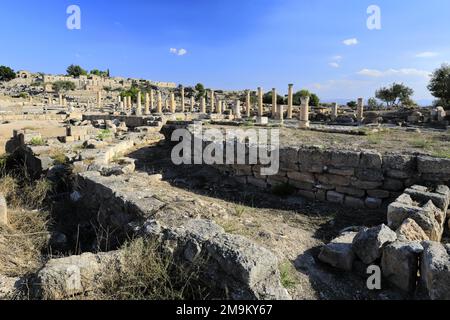 Blick über die Ruinen der Decumanus Maximus Straße, Umm Qais Stadt, Jordanien, Naher Osten Stockfoto