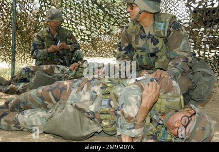 SOLDATEN DER NATIONALGARDE PUERTO Rico DER US Army (USA), die der 130. Charlie Company zugeteilt sind, trainieren im chemischen und biologischen Trainingsteil der Common Task Training (CTT) im Camp Santiago Training Site (CSTS) in Salinas, Puerto Rico (PR), wie ein Gegenmittel in ein simuliertes kontaminiertes Opfer injiziert werden kann. Basis: Camp Santiago Bundesstaat: Puerto Rico (PR) Land: Vereinigte Staaten von Amerika (USA) Stockfoto