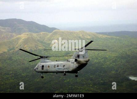 Ein US Marine Corps (USMC) CH-46 Sea Knight Helicopter, der dem Marine Medium Helicopter Squadron Two Six Five (HMM-265) zugeteilt wurde, fliegt während einer simulierten Truppeneinführungsübung in Camp Butler, Okinawa, Japan, über eine grüne Bergregion. (Unterdurchschnittliches Bild). Staat: Okinawa Land: Japan (JPN) Stockfoto