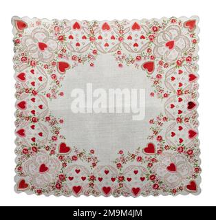 Rotes Taschentuch isoliert mit zentriertem Textbereich hat Herzen und Blumen mit Muschelrändern. Design ist für dich ein Vintage valentinstag. Stockfoto