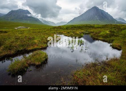 Meadow and River Etive and Creag Dubh Mountain, Schottland, Vereinigtes Königreich Stockfoto