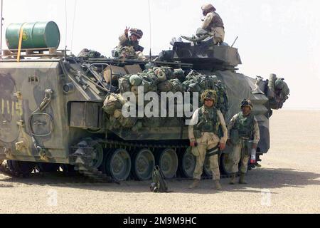 US Marine Corps (USMC) Marines of Charlie Company, 1. Bataillon, 5. Marine Regiment, Camp Pendleton, Kalifornien (CA), Schauen Sie sich den Kameramann an, wenn er aus seinem AAV7A1 Assault Amphibian-Fahrzeug steigt, bevor er während der Operation ENDURING FREEDOM im Dispersion Area in Nord-Kuwait eine Verteidigungsposition einnimmt. Basis: Camp Bear Country: Kuwait (KWT) Stockfoto