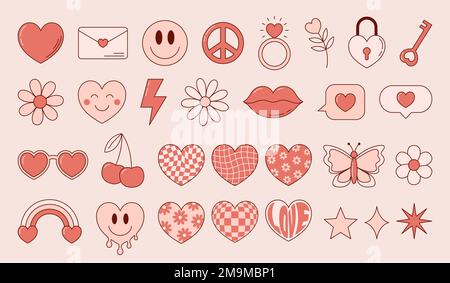 Hippie Valentinstag Romantik Sticker Kollektion. Coole, niedliche Elemente im trendigen Retro-Stil. Vektordarstellung Stock Vektor