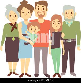 Eltern und Großeltern mit Kindern. Glückliche große Familie zusammen Stock Vektor