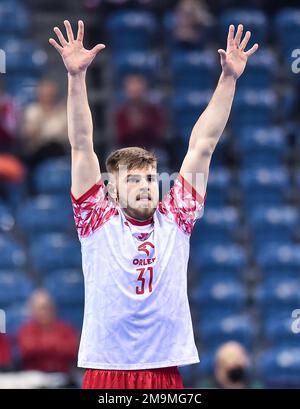 Krakau, Polen. 18. Januar 2023. Szymon Dzialakiewicz beim IHF-Weltmeisterschaftsspiel der Männer zwischen Polen und Spanien am 18. Januar 2023 in Krakau, Polen. (Foto: PressFocus/Sipa USA) Guthaben: SIPA USA/Alamy Live News Stockfoto