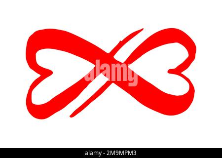 Unendlichkeits-Symbol mit zwei sich schneidenden Herzen. Handbemalt mit schwarzer Farbe. Grunzige Pinselführung. Vektorgrafik. Stock Vektor
