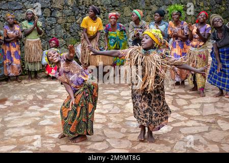 Echuya Batwa, oft als Pygmäen bekannt, tanzt im Südwesten Ugandas. Stockfoto