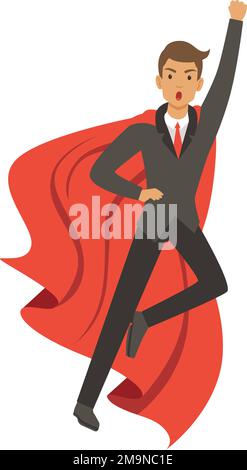 Mächtiger Mann in Aktion, Superhelden-Pose. Geschäftsmann mit rotem Umhang Stock Vektor