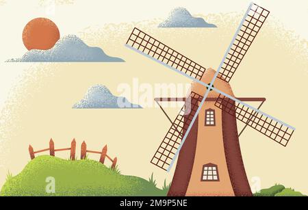 Ländliche Landschaft mit Windmühle. Landschaftsbild mit strukturierter Natur Stock Vektor