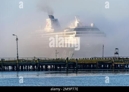 Ein Kreuzfahrtschiff, das unter nebligen Bedingungen in den Hafen einläuft. Stockfoto