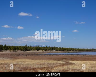 Ashurst Lake Erholungsgebiet in Coconino County, Arizona, mit schneebedeckten San Francisco Peaks. Stockfoto