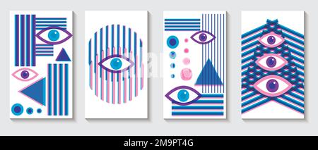 Mystische Augen, Alchemie und Astrologie. Vorlage mit Karten mit Symbolen und Talismanen. Risograph-Effekt. Vektordarstellung. Für den Einsatz in Verpackungsdesi Stock Vektor