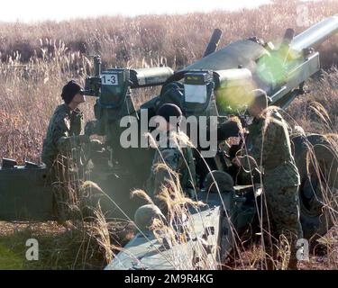 031126-M-4711R-004. US Marine Corps (USMC) Marines von Tango Battery, 5. Bataillon (BN), 10. Marines, verbunden mit 3. Bataillon (BN), 12. Marines, nehmen während eines Unit Deployment Program (UDP) während einer Trockenfeuerübung in Japan Zielanpassungen am 155-mm-Haubitzer M198 vor. Stockfoto