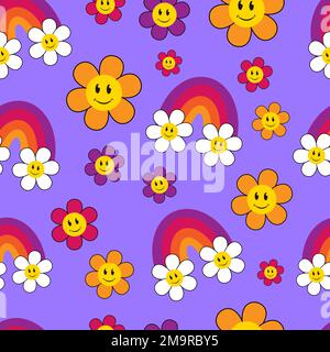 Groovy Regenbogen mit Blütenwolken in violettem Himmelsvektor, nahtloses Muster. Nahtloses Retro-70s-Muster, Hippie-Hintergrund mit positiven Symbolen. Ausführung f Stock Vektor