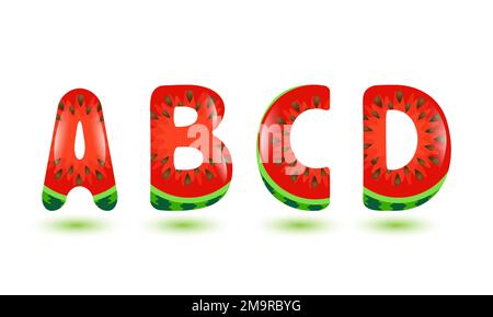 Das Alphabet. Buchstaben A, B, C, D. Wassermelone abc. Cartoon-Fruchtalphabet. Design-Element für den Sommer. Handgezeichnete Kinderbriefe. Teil des Sets. Stock Vektor