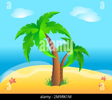 Zwei Palmen und Sandstrand am blauen Meer. Paradiesurlaub auf tropischer Insel. Vektor-Cartoon-Illustration Stock Vektor