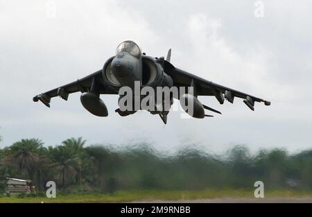 Ein Flugzeug der US Marine Corp (USMC) AV-8B Harrier, das mit der 398. Air Expeditionary Group (AEG) eingesetzt wurde, startet am Freetown International Airport, Sierra Leone. Die 398. AEG befindet sich derzeit in Sierra Leone, um während der Joint Task Force (JTF) Liberia Personal-Wiederherstellungs- und Notfallevakuierungskapazitäten für die Erhebungsteams für humanitäre Hilfe (HAT) und die Flotten-Sicherheitsteams für Terrorismusbekämpfung (FAST) in Liberia bereitzustellen. Betreff Betrieb/Serie: JTF-Basis LIBERIA: Internationaler Flughafen Freetown Land: Sierra Leone (SLE) Stockfoto