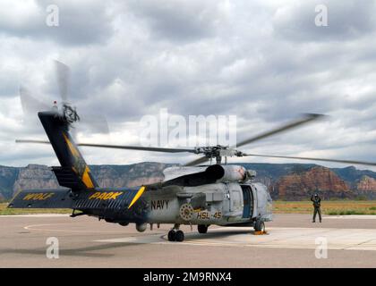 030815-N-8629M-001. US Navy (USN) Aviation Warfare Systems Operator Second Class (AW2) Juan Toole signalisiert die Freigabe für einen USN SH-60B Seahawk Hubschrauber, Helicopter Anti-U-Boot Squadron (Light) 45 (HSL-45), Wolfpack, Naval Air Station North Island (NASNI), Kalifornien (CA), Nach einem Tankstopp auf einem Langlaufflug von NASNI nach Sedona, Arizona (AZ). Stockfoto