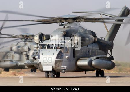 Zwei Helikopter des US Marine Corps (USMC) CH-53E Super-Hallion, die dem Helikopter-Geschwader Four Six Two (HMM-462) der Schwermeere zugeteilt wurden, nach der Landung am Blair Field in Al Kut, Irak, während der Operation IRAQI FREEDOM. Betroffene Operation/Serie: IRAKISCHE FREIHEITSBASIS: Blaire Airfield, Al Kut Staat: Wasit Land: Irak (IRQ) Stockfoto