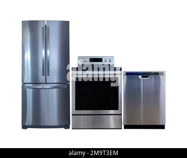 Haushaltsgeräte auf weißem Hintergrund. Haushaltsgeräte. Elektrischer Herd, Kühlschrank und Waschmaschine. Energieeffiziente Haushaltsgeräte Stockfoto
