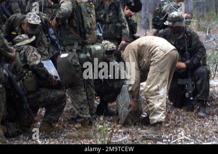 Mitglieder des australischen Militärs (Vordergrund) verwenden fünf-Gallonen-Kannen, um Kantinen für Marines der Golf Company, 2. Bataillon, 3. Marineregiment (2/3), während der Trainingsübung KROKODIL 2003 im Shoalwater Bay Training Area, Australien, zu füllen. Betreff Operation/Serie: KROKODIL 2003 Basis: Camp Samuel Hill Staat: Queensland Land: Australien (AUS) Stockfoto