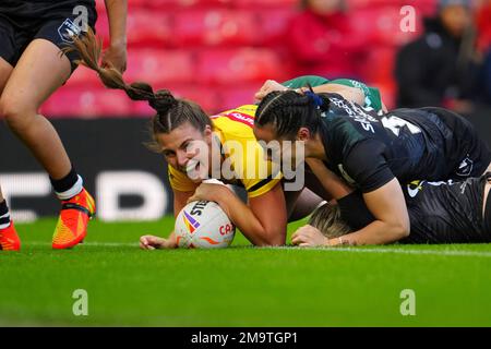 Australia's Jessica Sergis scores her side's third try during the Women ...